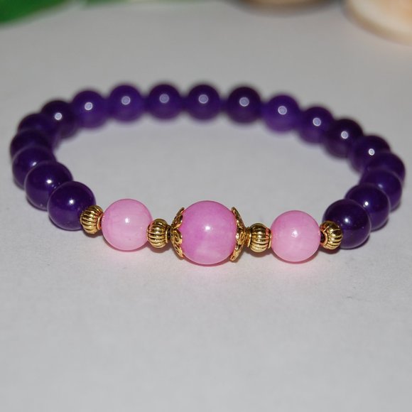 Purple Stone Bracelet,Purple and Pink Bracelet,8mm Beads,Purple Beads Bracelet - Picture 2 of 3